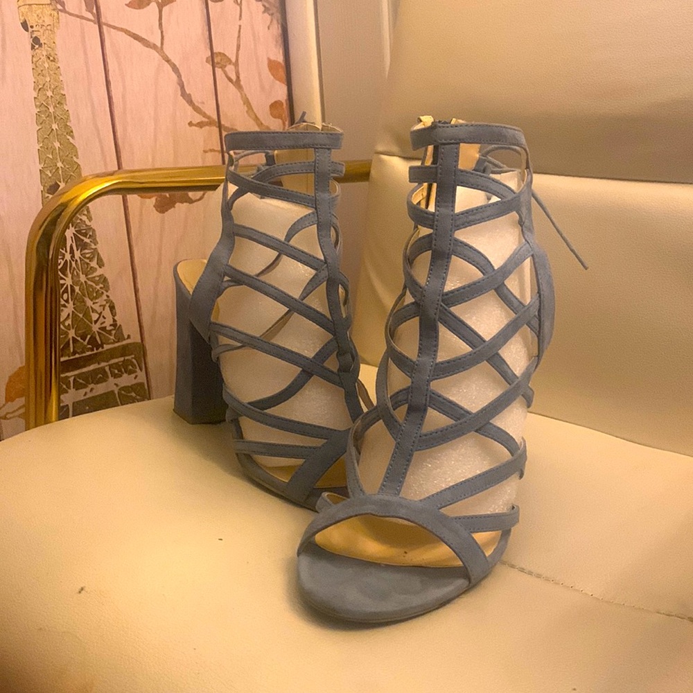 Baby blue caged chunky heel